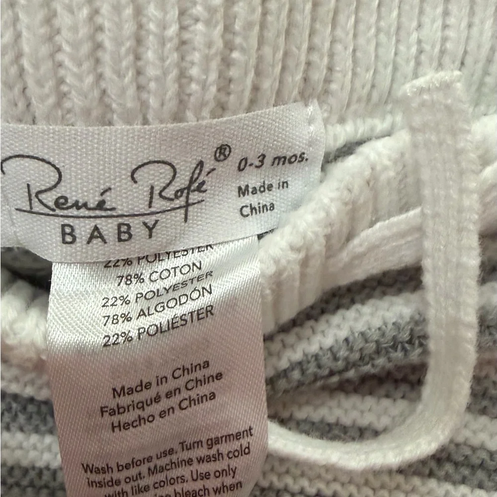 Rene Rofe Baby 0-3 Month White Gray Elephant 2 Pc Sweater and Striped Pants Set